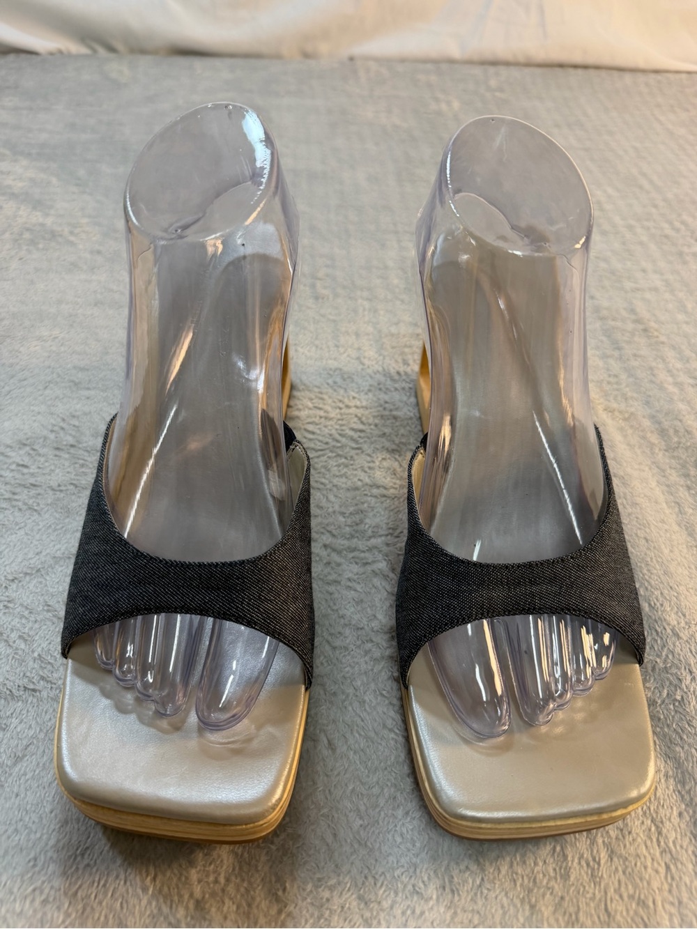 Architectural Wood Heel Slide Sandals Black Denim Square Toe Mule 9.5W